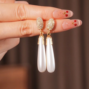 French vintage silver needle teardrop pearl earrings with micro-set rhinestones