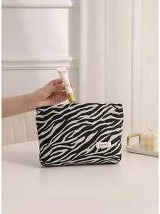 Borsa da trucco minimalista in tela con motivo zebrato bianco e nero, alta capacità