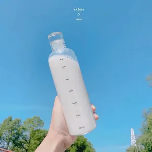 Handheld transparent plastic water bottle with time markers against a clear blue sky
