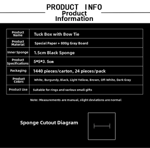 Detailed dimension guide for 5x5x3.5cm bowknot jewelry box with sponge lining and gray board