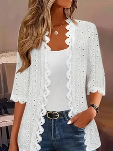 Women Elegant Lace Cardigan Hollow Out Embroidery Open Front Half Sleeve Solid Color Bohemian Casual Top