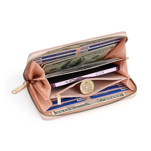 Pink PU leather long wallet for women featuring large capacity zip-around card slots