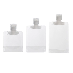 Three-piece set of clear travel squeeze pouches with screw caps in multiple sizes