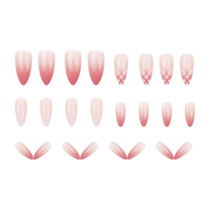Pink gradient almond press-on nails with red plaid patterns on white background