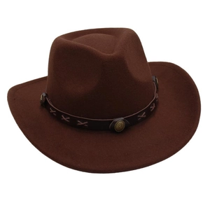 Detail of dark brown fedora hat with brown leather band featuring vintage metal studs
