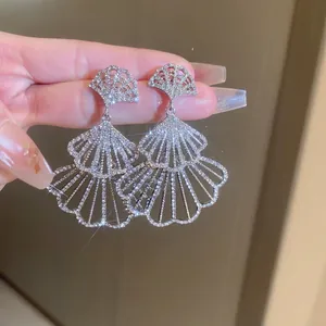 Fan Shaped Dangle Earrings With Silver Earring Post Alloy Full Rhinestone Luxury Drop For Women Party Accessories