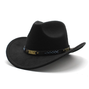 Black wool felt western cowboy hat with golden metal and blue V-stitch leather belt trim
