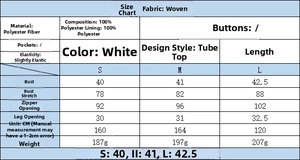 Detailed size chart for minimalist strapless top with polyester fabric measurements