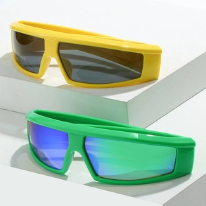 Y2K sporty wraparound sunglasses in neon yellow and green on a white display