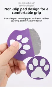 Detail of pet comb featuring non-slip paw shape pad and soft rubber handle grip