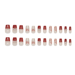 Kit de 24 faux ongles rouges French avec paillettes, perles et nœuds papillon