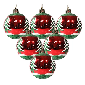 Set of 6 festive hand-painted Christmas tree balls with red, green and white tree patterns