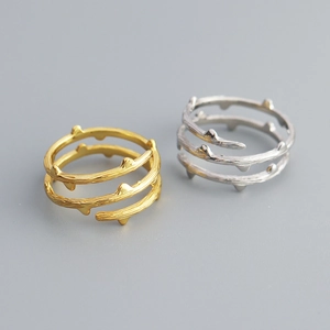 Textured Thorn Branch Open Ring 925 Sterling Silver Adjustable Triple Layer Spiral Vine Wrap Jewelry For Women