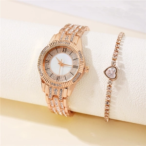 Women's Quartz Watch And Heart Bracelet Rhinestone Alloy Luxury Fashion Elegant Roman Numerals Circular Dial
