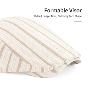 British style striped ivy cap with wide brim for face slimming, beige cotton fabric