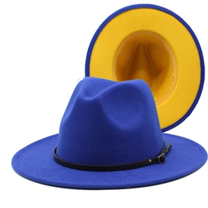 Top view of two-tone blue and yellow wide brim fedora hat with black belt buckle detail