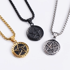 Vintage Viking runes pentagram round pendant necklaces in gold black and silver finishes
