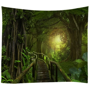 Forest path landscape tapestry with wooden bridge and sunlight for wall hanging decor