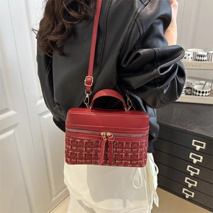 Red tweed and PU leather crossbody box bag with gold zipper and top handle