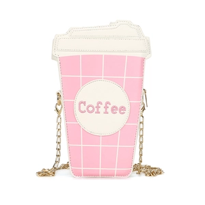 Borsa a tracolla creativa a forma di tazza di caffè a scacchi rosa con catena oro