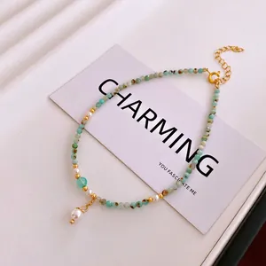 Amazonite bead and pearl anklet with gold heart clasp and teardrop pearl pendant