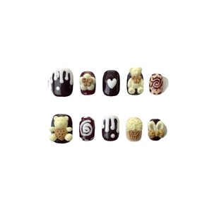 3D bear and chocolate dessert press-on nails in brown and cream white 10pcs set