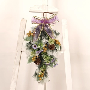 Illuminated PE upside down Christmas tree with purple ribbon and golden berries