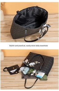 Internal view and storage capacity of quilted tote bag with scarf and accessory pouch