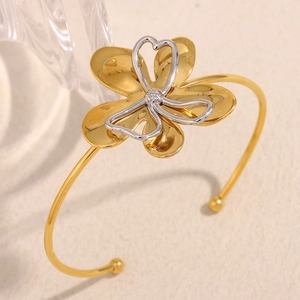 Minimalist 18K gold and silver bicolor flower open cuff bracelet with layered petal design