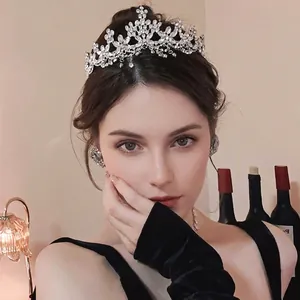 Vintage Elegant Rhinestone Flower Crown Tiara With Tassel Silver Color Alloy Hair Accessory For Wedding Bridal Party