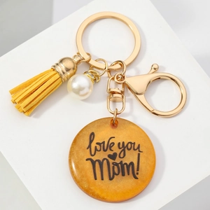 Porte-clés doré avec breloque MOM en résine, étiquette pailletée, perle et pompon