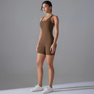Detail view of deep coffee yoga bodysuit with open back design and high-elastic fabric