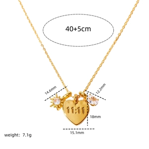 Golden 11:11 heart pendant necklace with zircon detail, sized 15.1x18mm on a 40+5cm chain