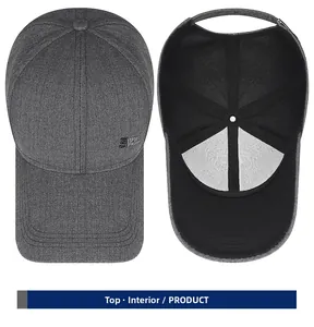 Detailed view of dark grey sport baseball cap with side embroidery and interior structure