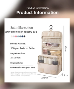 Detail view of large hanging travel toiletry bag with dimensions and internal compartments