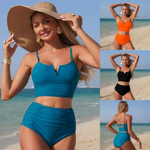Women Bikini Top And High Waisted Ruched Bottom Nylon V Notch Neck Solid Color Sleeveless Beachwear