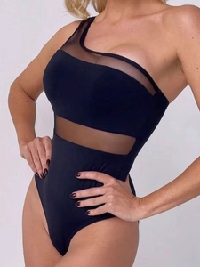 Elegant one-shoulder black swimsuit with sexy mesh cutouts and backless design for beach
