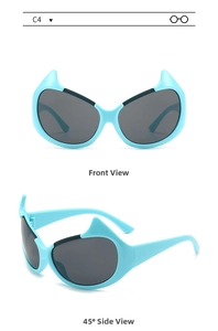Front and 45-degree side view of blue devil horn sunglasses with dark lenses