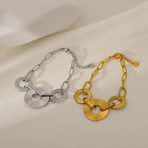 Textured bamboo link chain bracelets in gold and silver steel with lobster clasp