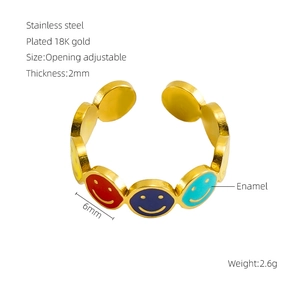 Bague ajustable en acier inoxydable plaqué or 18 carats avec émaux colorés souriants