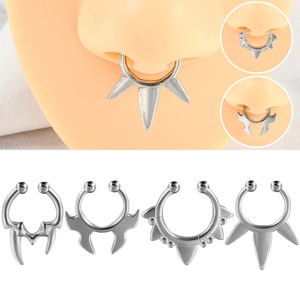 Stainless Steel Fake Septum Nose Ring Non Pierced Clip On U Shaped Punk Gothic Bat Wings Vampire Fangs Jewelry Unisex