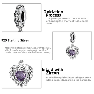 Macro shot of S925 sterling silver heart pendant with purple zircon and retro finish