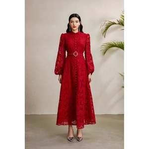 Robe Longue En Dentelle Élégante Manches Longues Col Montant Manches Lanternes Avec Ceinture En Strass Style Palais Vintage Pour Femmes