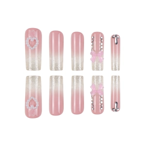 Faux ongles dégradés roses avec nœuds 3D, perles et strass brillants pour femmes chic