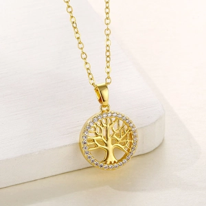 Tree Of Life Pendant Necklace Stainless Steel Round Hollow Zircon Inlaid Elegant Fashion Jewelry For Women