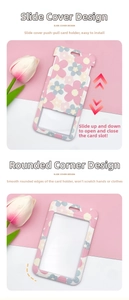 Close-up of sliding floral ID card holder showing push-pull mechanism and rounded edges