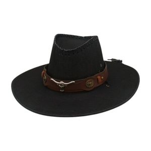 Western black cowboy hat with wide brim featuring a brown leather band and metal bull skull