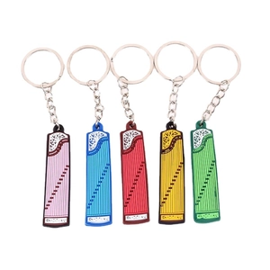 Five colorful cartoon guzheng musical instrument keychains in soft PVC with metal rings
