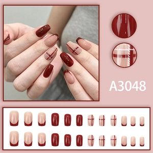 French square press-on nails set with 24pcs deep wine red and plaid patterns