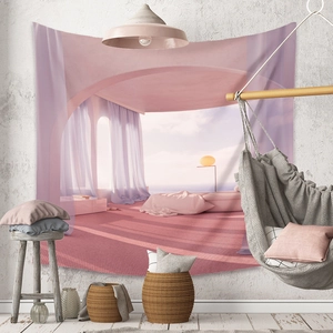 Detail of bohemian tapestry featuring surreal pink architecture and sunset ocean view